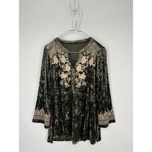 Andree By Unit Blouse Womens S Crushed Velvet Green Embroidered Floral Boho